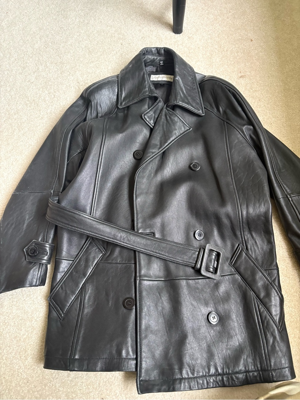 Jones New York Vintage Ladies Black Leather Double-Breasted Trench Coat w/ Belt